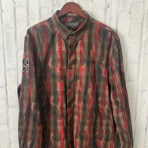 Cavi Mens 2XL Green Red Plaid Camo Roll Tab Button Down Shirt Pockets